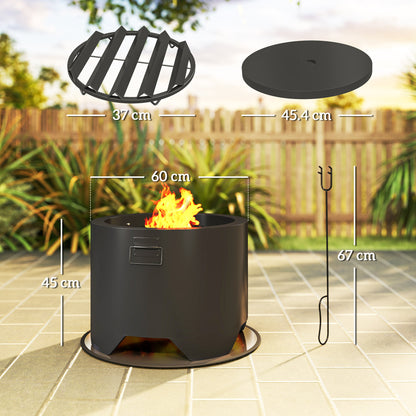 Outdoor Round Fire Pit with Lid, Firepit with Fire Poker, Black
