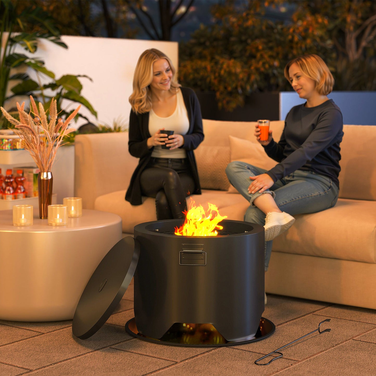 Outdoor Round Fire Pit with Lid, Firepit with Fire Poker, Black