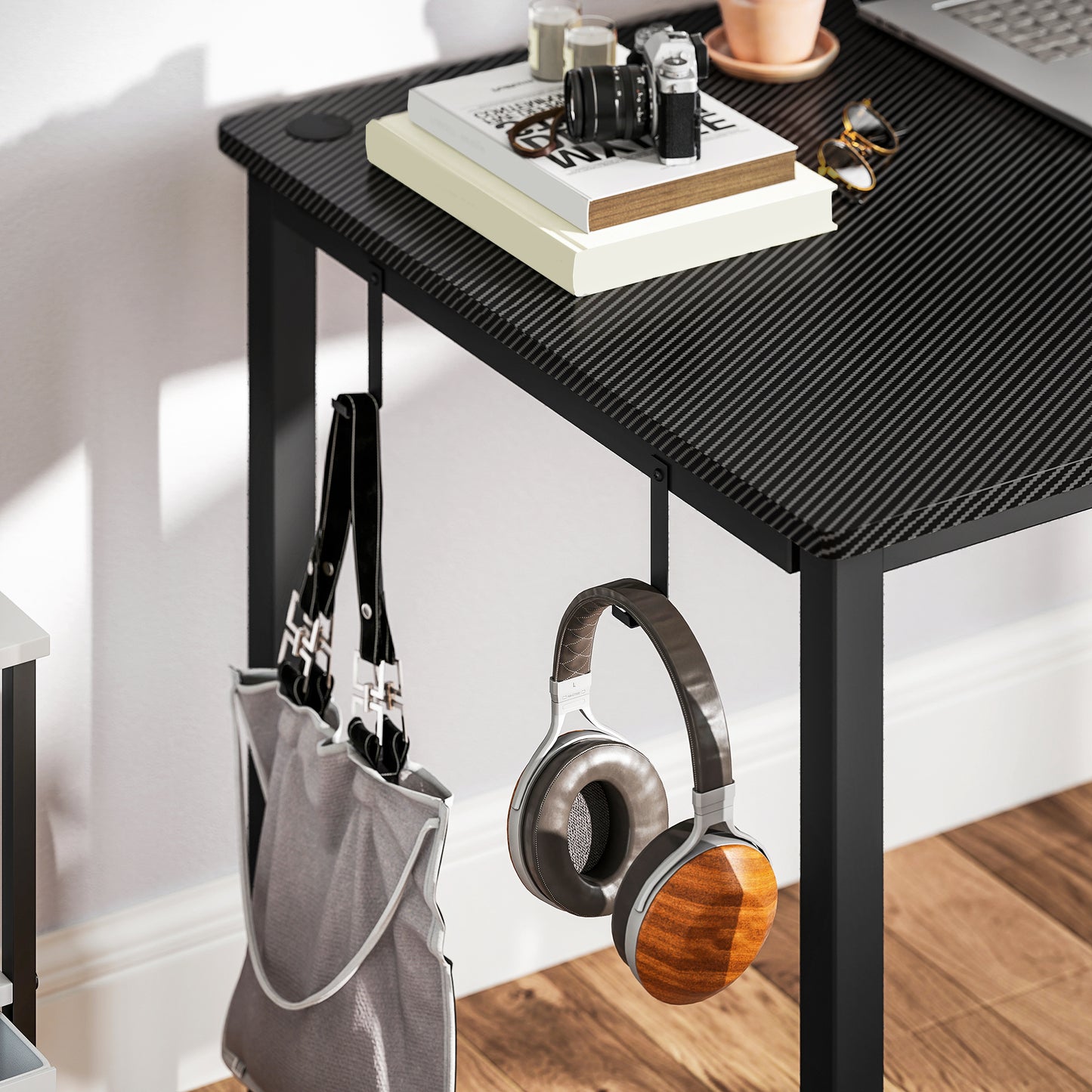 L-Shaped Corner Desk Computer with Fabric Bag and Hooks, Black