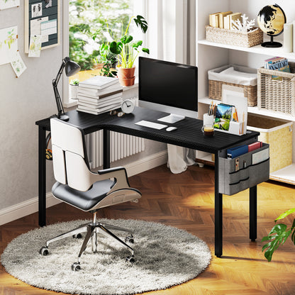 L-Shaped Corner Desk Computer with Fabric Bag and Hooks, Black