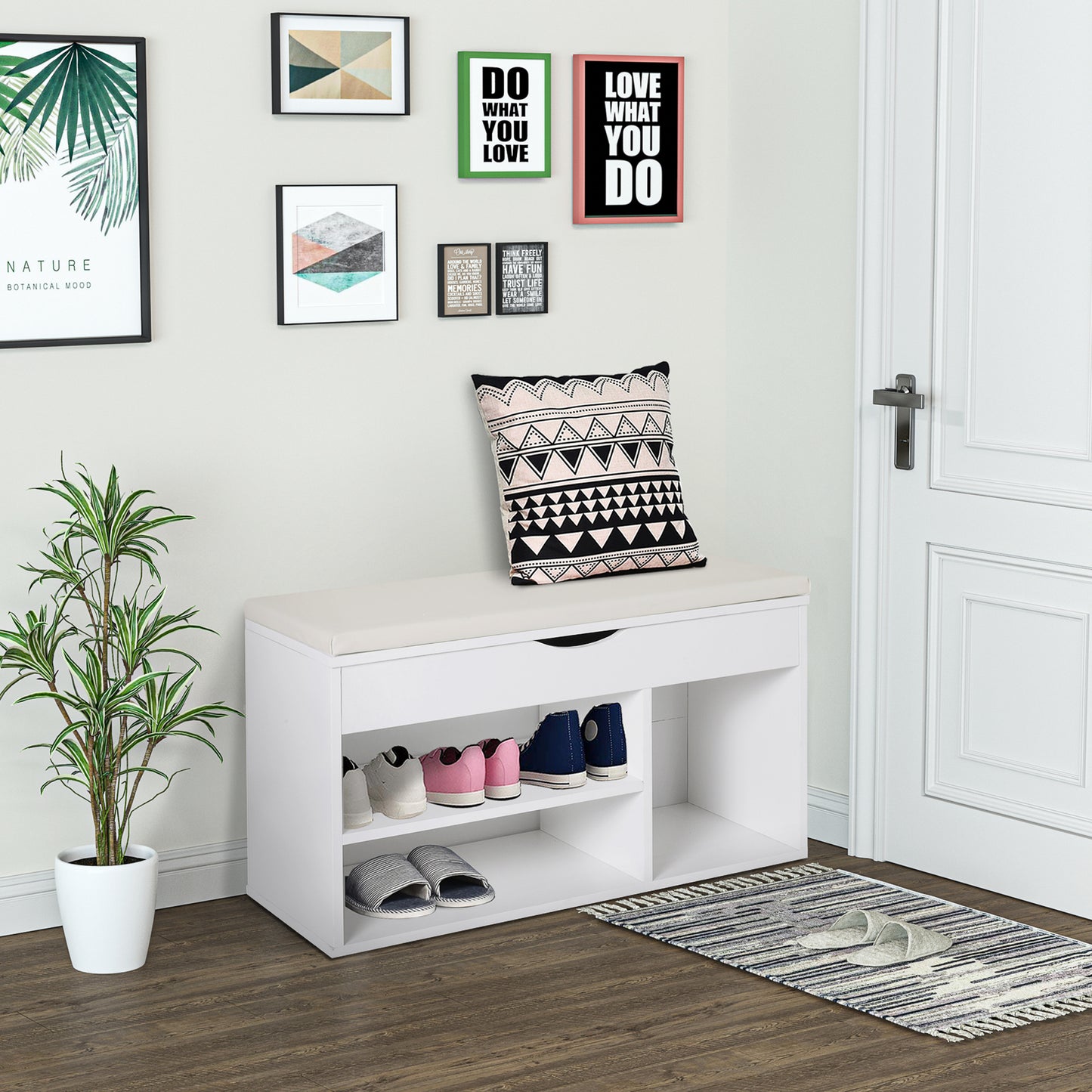Wooden Shoes Cabinet Bench Hidden Storage Padded Seat Organiser White