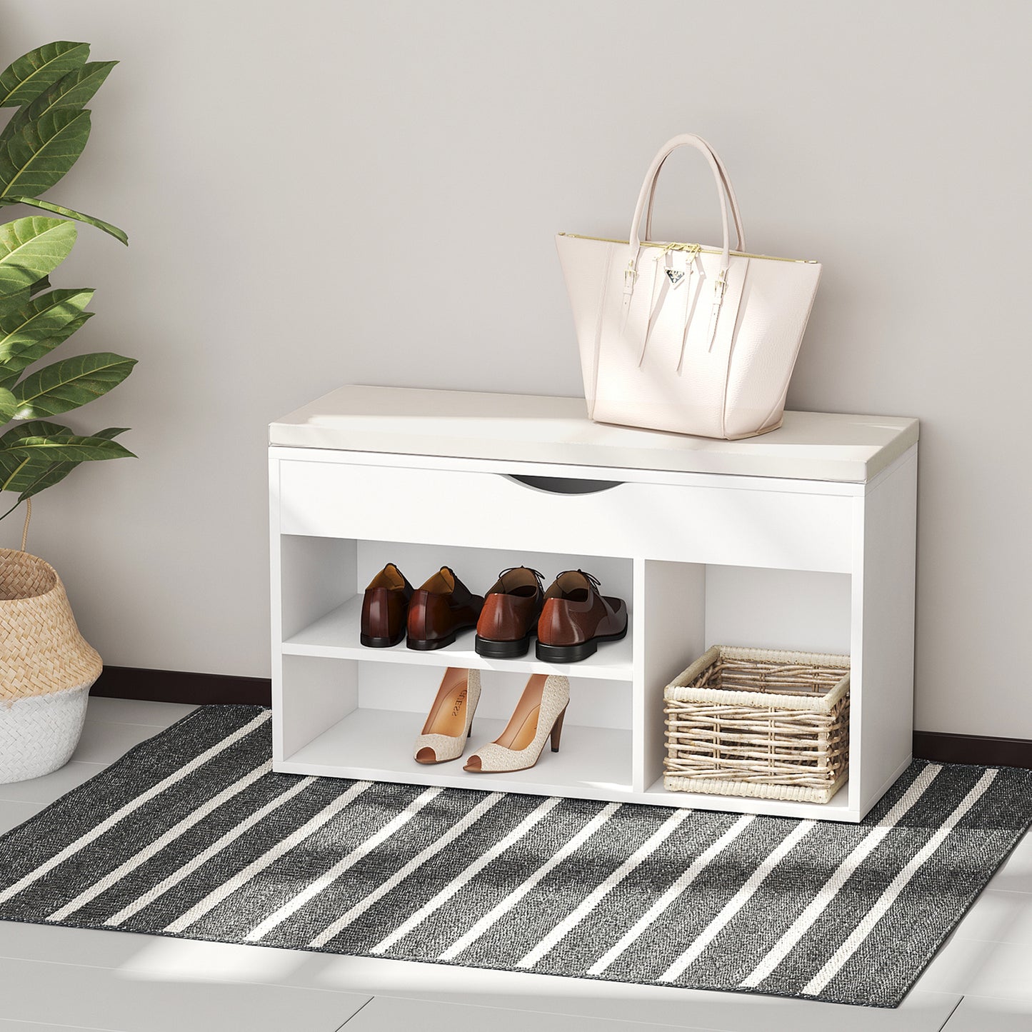 Wooden Shoes Cabinet Bench Hidden Storage Padded Seat Organiser White