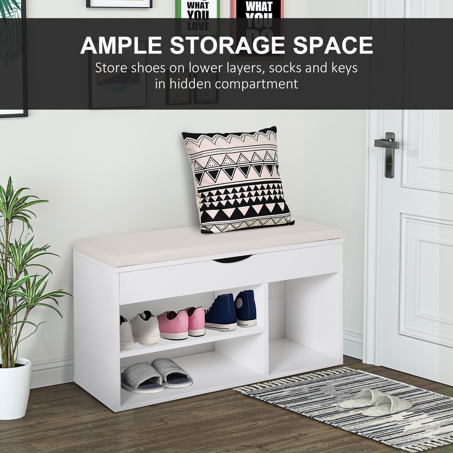 Wooden Shoes Cabinet Bench Hidden Storage Padded Seat Organiser White
