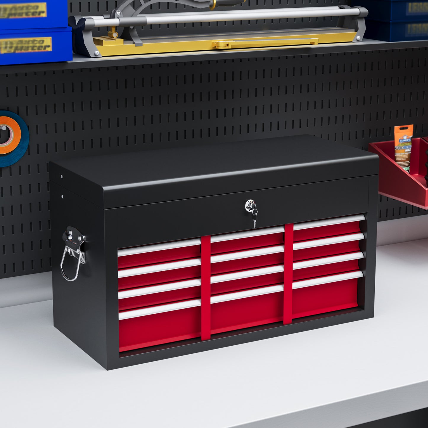 Lockable Metal Tool Chest w/ 6 Drawer, Ball Bearing Runners, Red