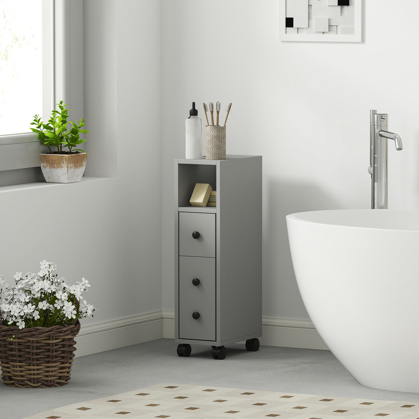 Slim Bathroom Storage with 2 Drawers, 2 Open and Wheels, Grey