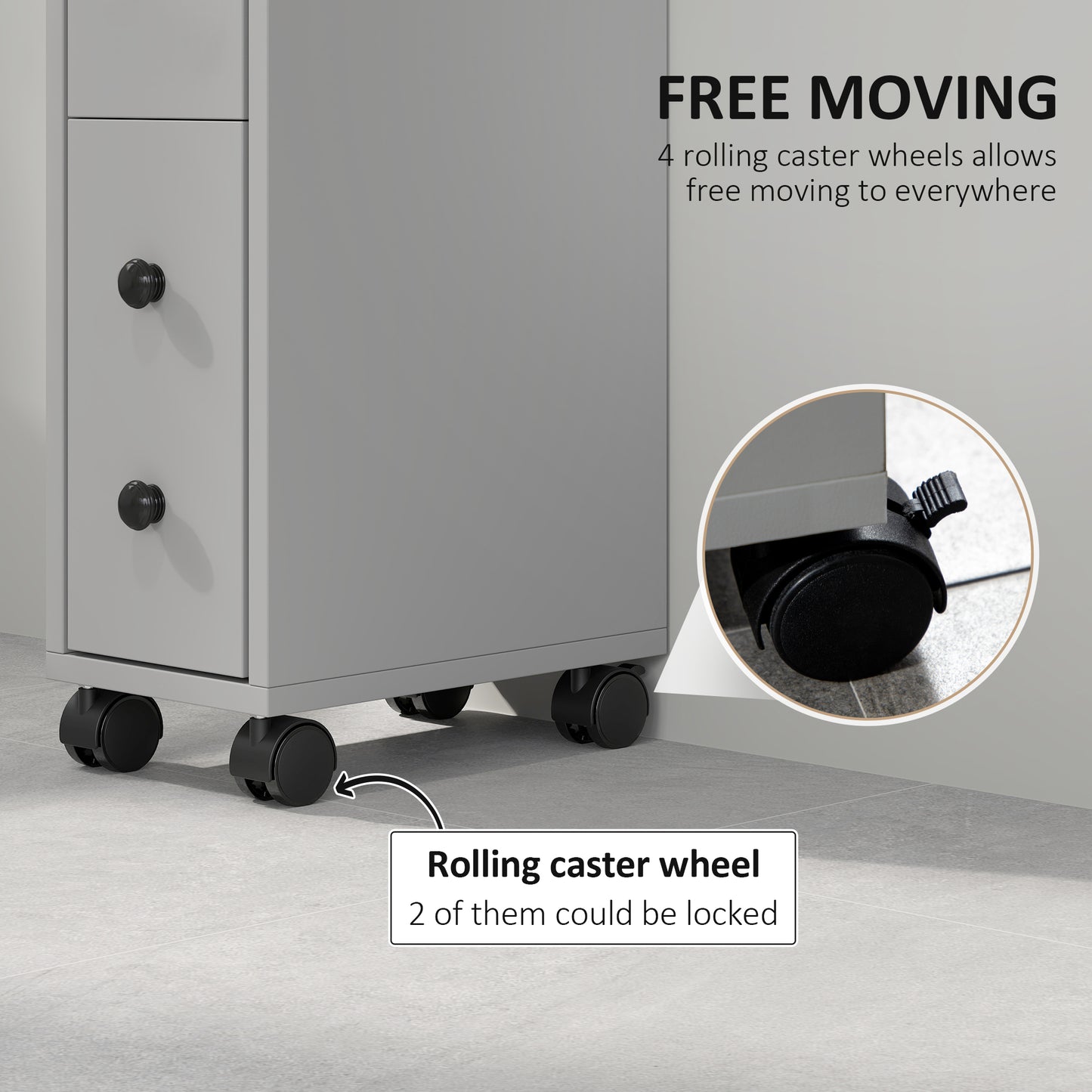Slim Bathroom Storage with 2 Drawers, 2 Open and Wheels, Grey