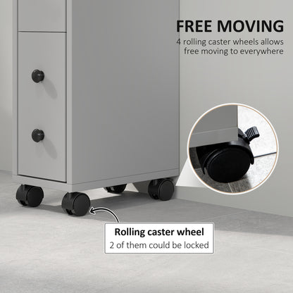 Slim Bathroom Storage with 2 Drawers, 2 Open and Wheels, Grey
