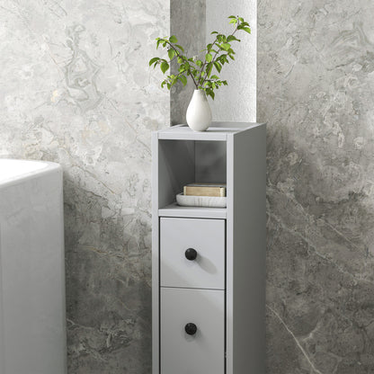 Slim Bathroom Storage with 2 Drawers, 2 Open and Wheels, Grey