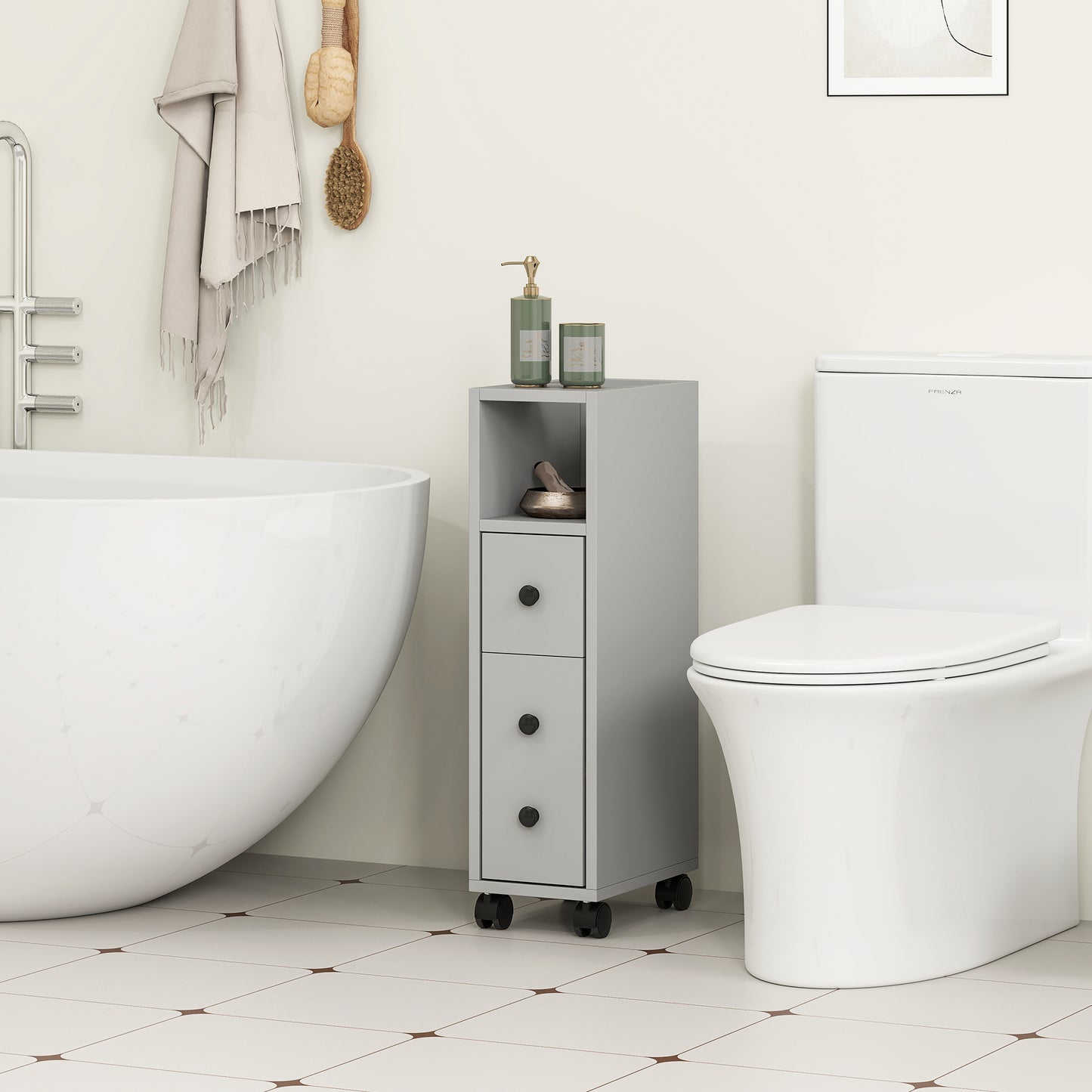 Slim Bathroom Storage with 2 Drawers, 2 Open and Wheels, Grey