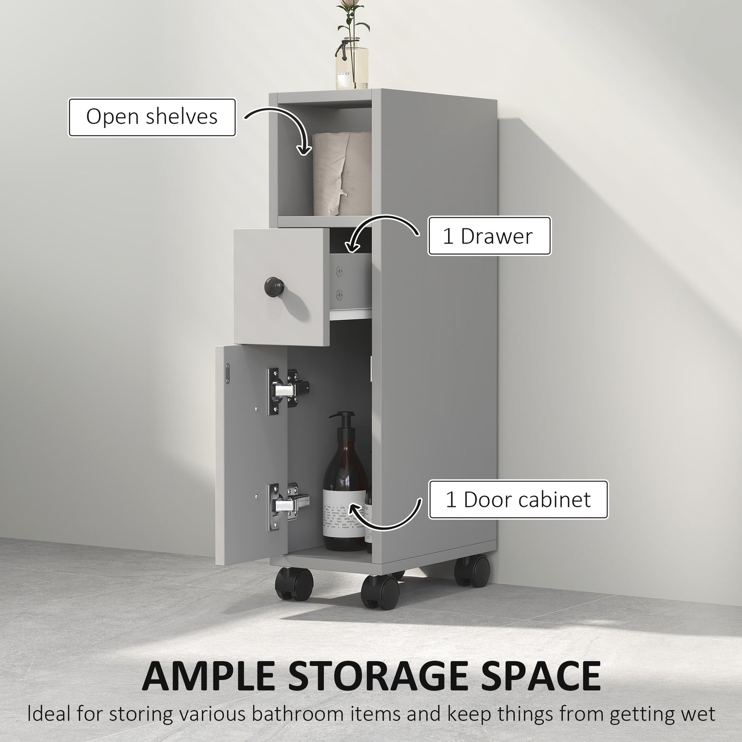Slim Bathroom Storage with 2 Drawers, 2 Open and Wheels, Grey
