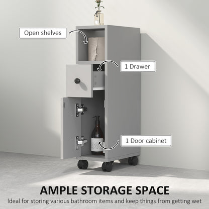 Slim Bathroom Storage with 2 Drawers, 2 Open and Wheels, Grey