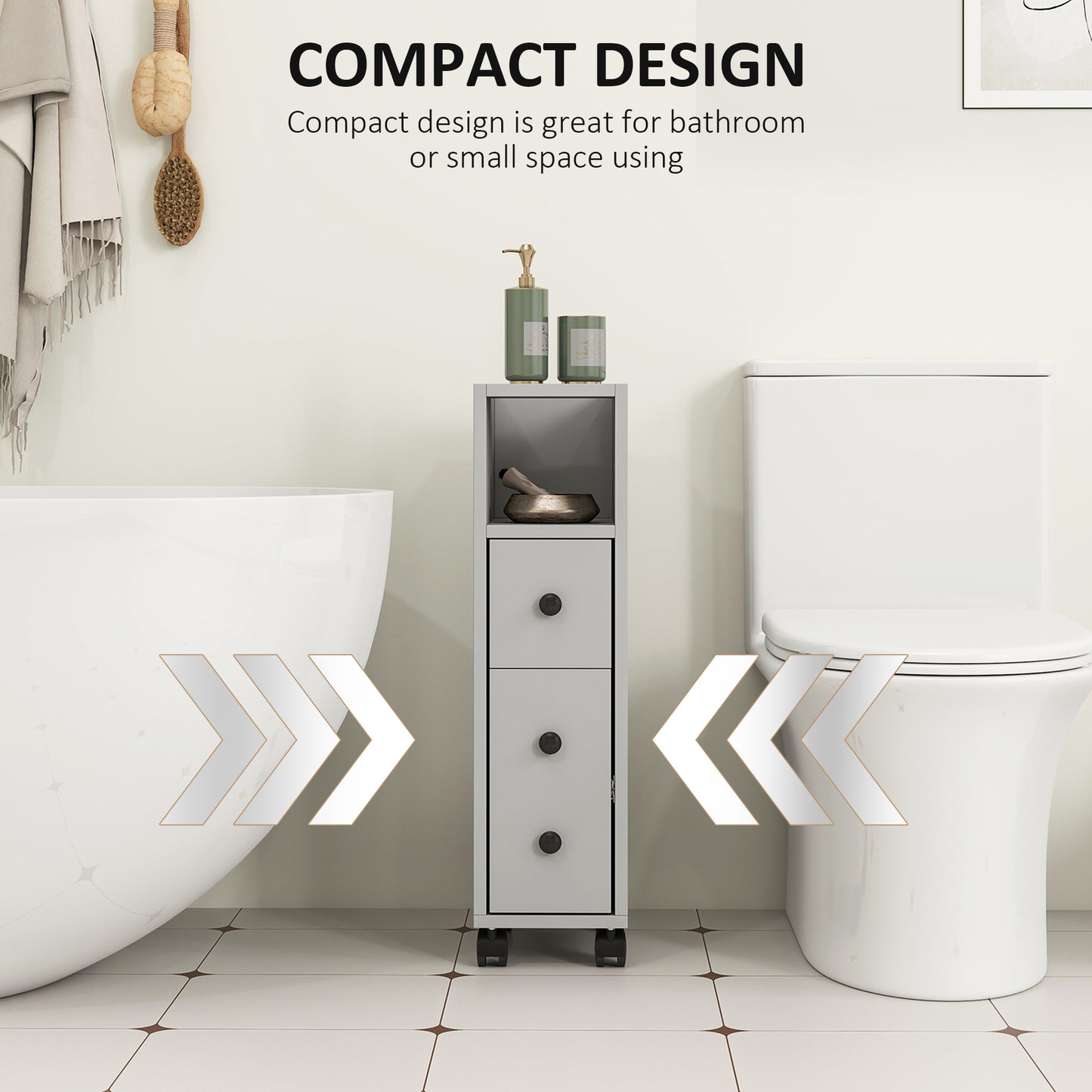 Slim Bathroom Storage with 2 Drawers, 2 Open and Wheels, Grey