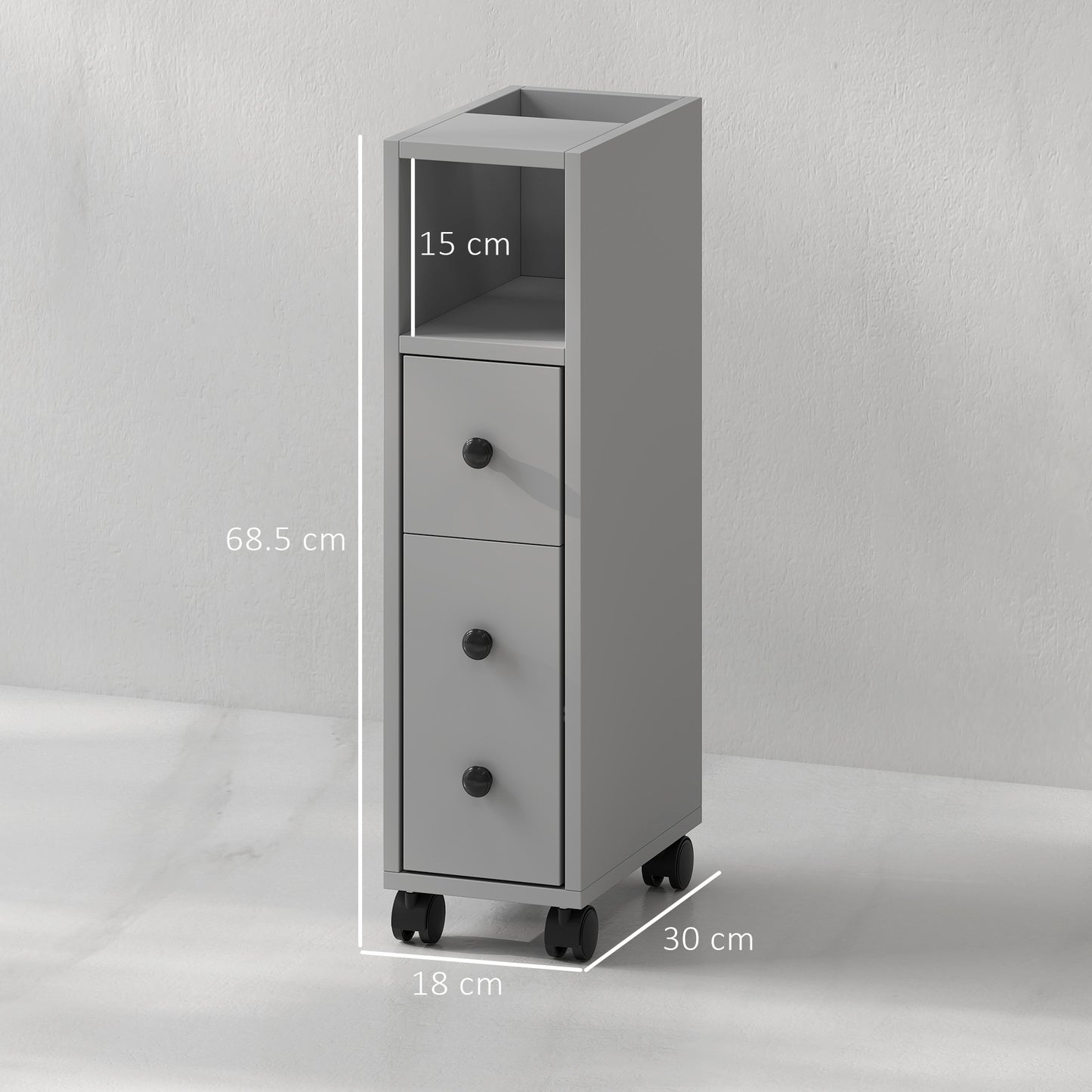 Slim Bathroom Storage with 2 Drawers, 2 Open and Wheels, Grey