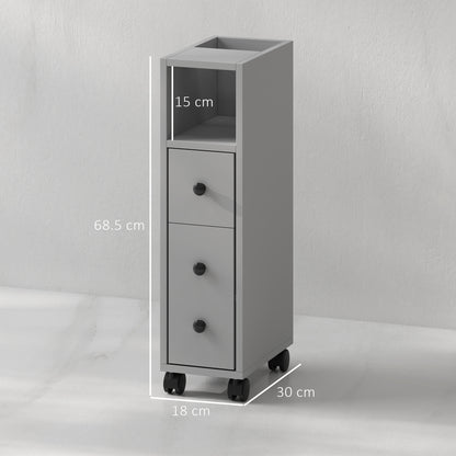 Slim Bathroom Storage with 2 Drawers, 2 Open and Wheels, Grey