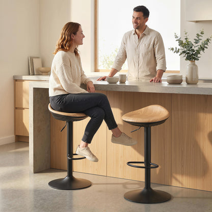 Set of 2 Breakfast Barstools, PU Leather Swivel Bar Stools, Oak