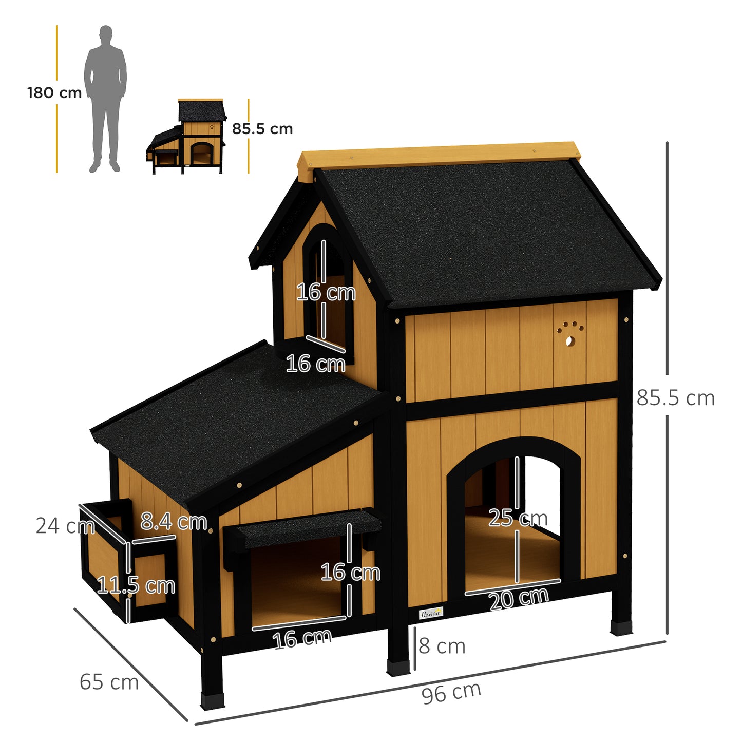 Wooden Outdoor Cat House w/ Flower Pot, Windows, Multiple Entrances