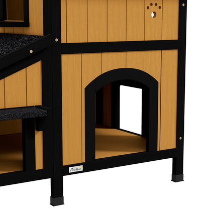 Wooden Outdoor Cat House w/ Flower Pot, Windows, Multiple Entrances