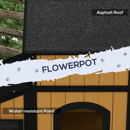 Wooden Outdoor Cat House w/ Flower Pot, Windows, Multiple Entrances