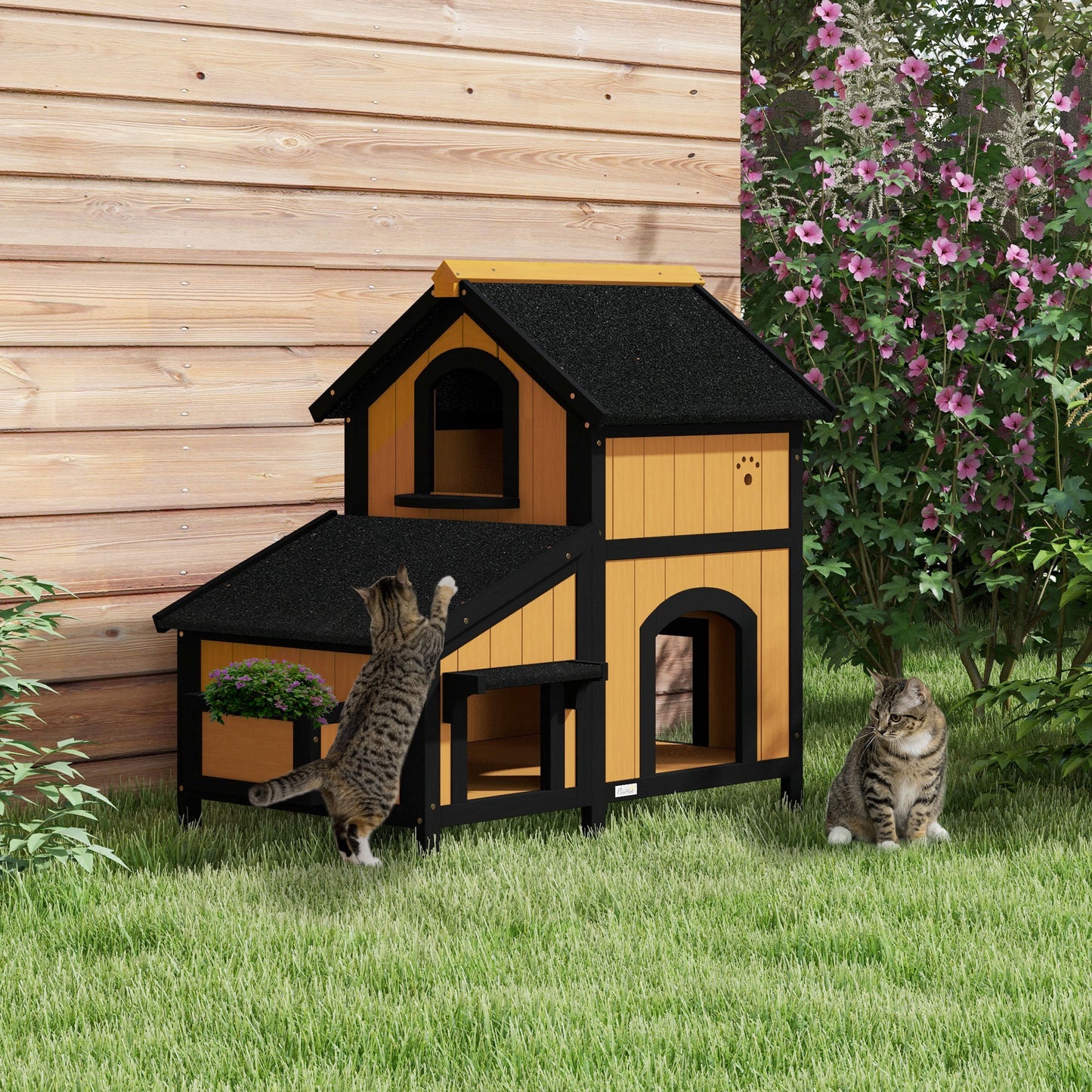 Wooden Outdoor Cat House w/ Flower Pot, Windows, Multiple Entrances
