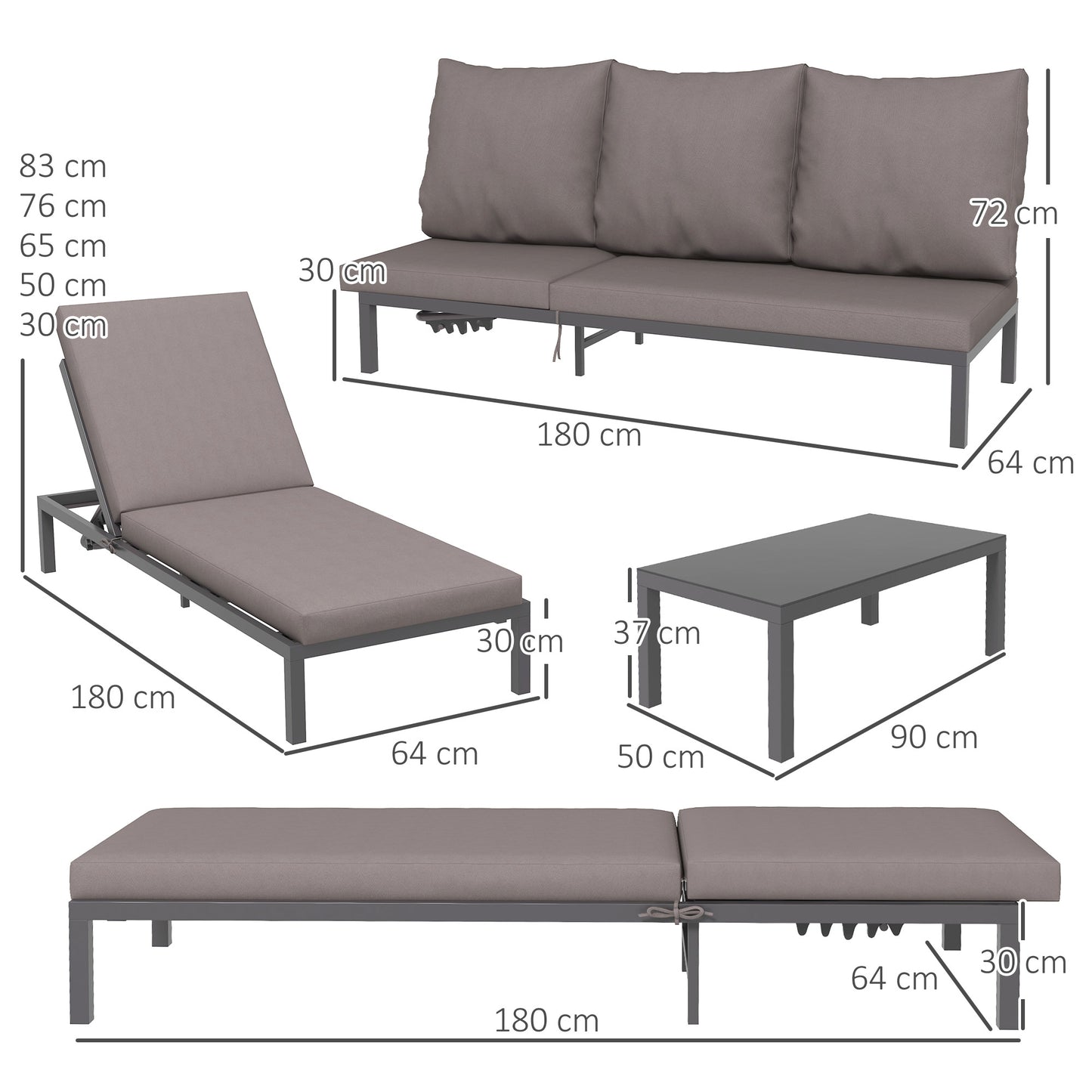 3-PCS PE Rattan Lounge Set, Aluminium Recliner Sofa Bed Set, Grey