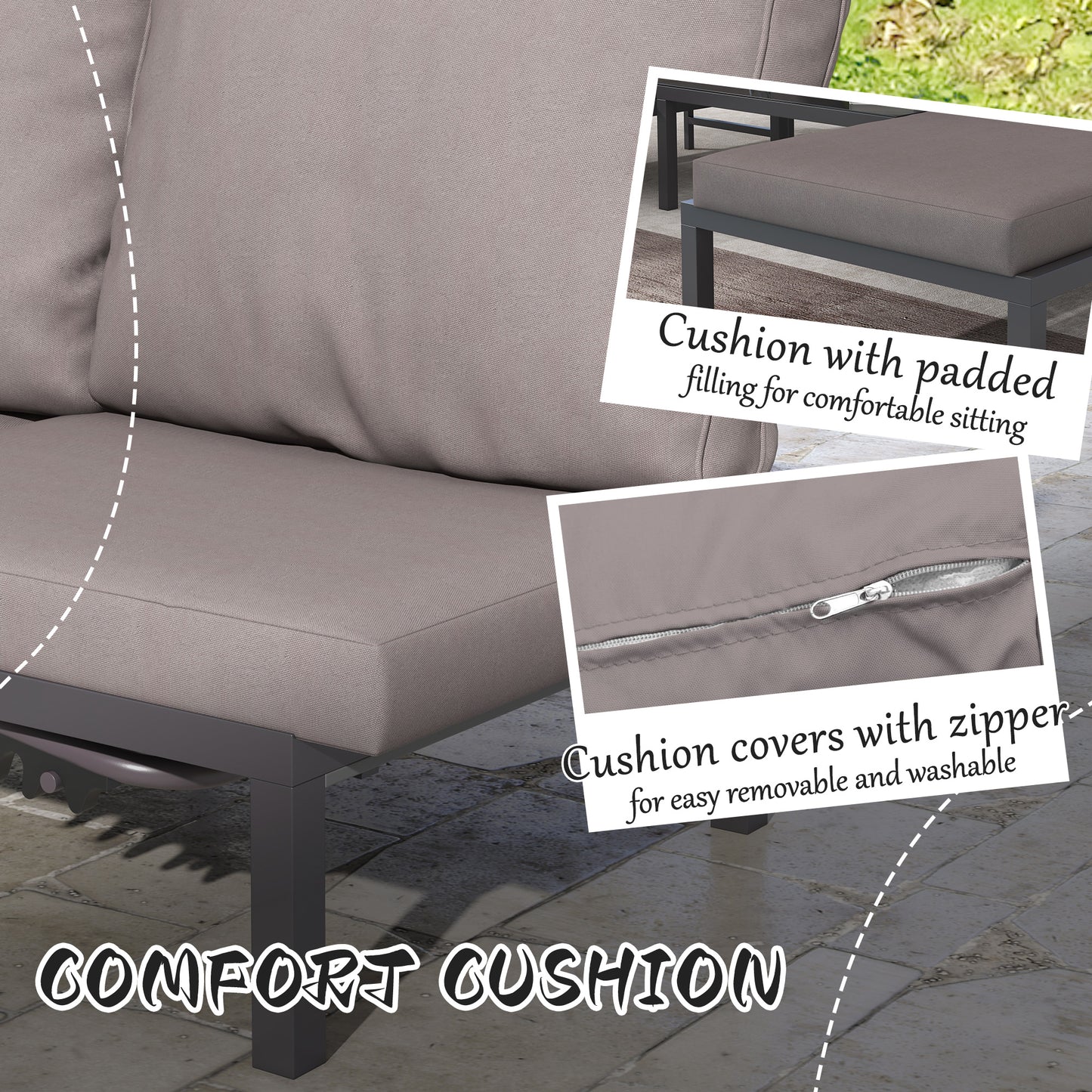 3-PCS PE Rattan Lounge Set, Aluminium Recliner Sofa Bed Set, Grey