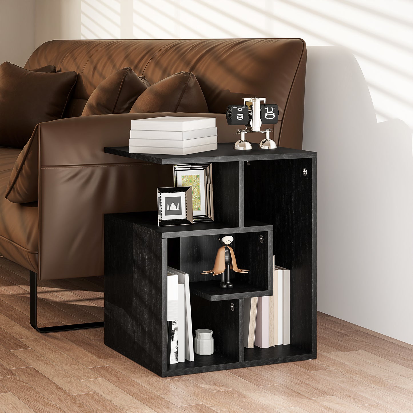 3-Tier Side End Table Open Shelves Storage Magazine Desk Black