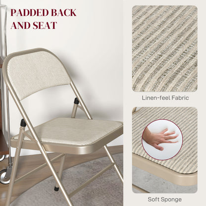 4 Pack Linen-Look Padded Folding Chairs with Cushioned Seat Beige