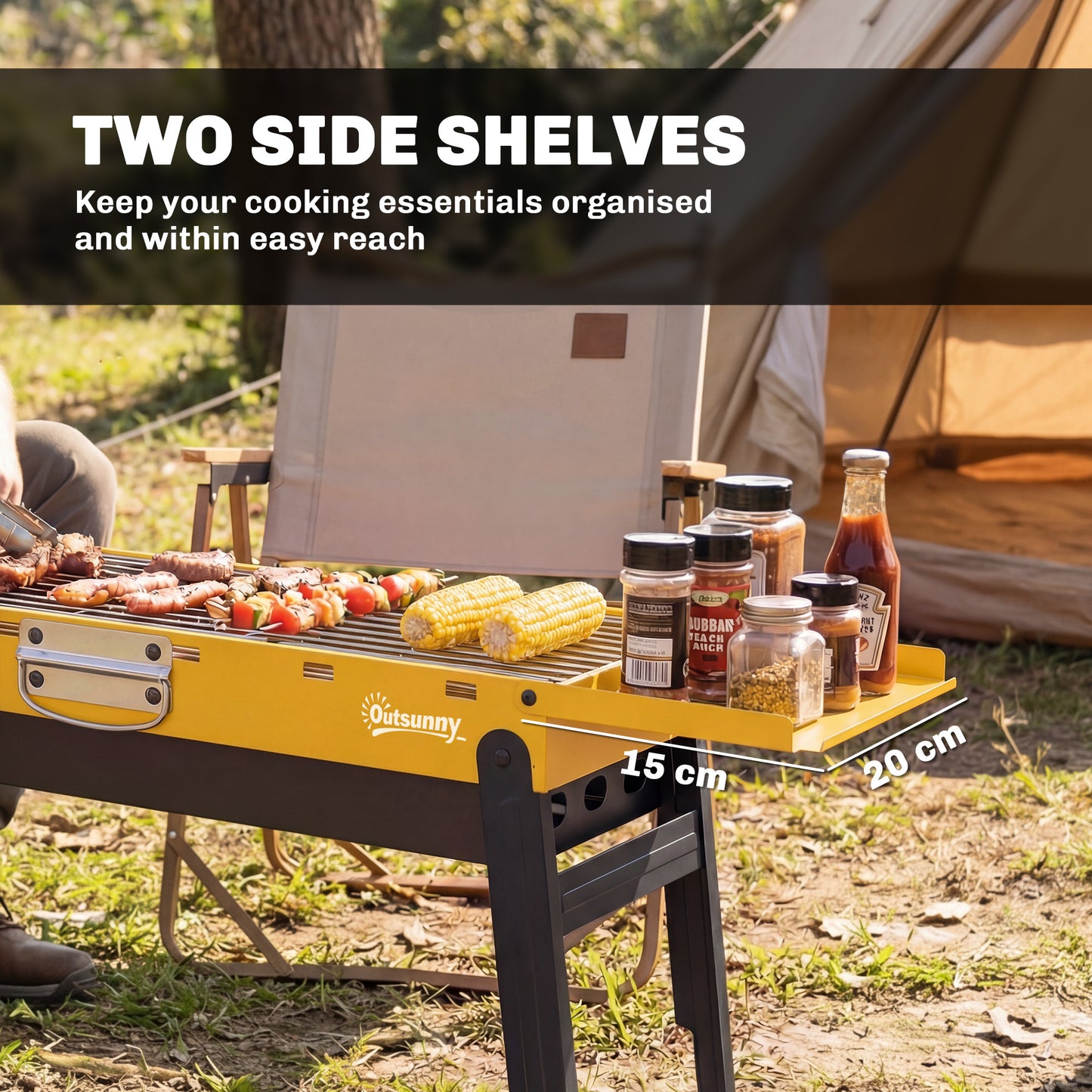 BBQ Grill, Charcoal Barbecue with 2 Side Shelves and Handle, Yellow