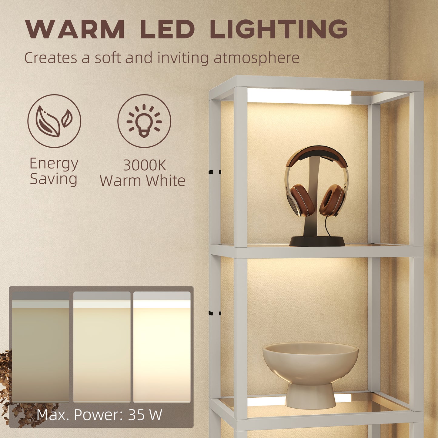 LED Floor Lamp with Glass Shelves, Dimmable Room Lamp, Grey