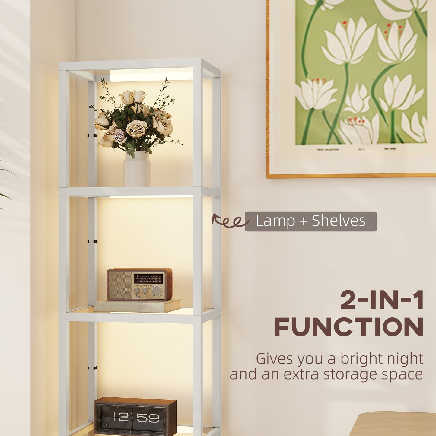 LED Floor Lamp with Glass Shelves, Dimmable Room Lamp, Grey