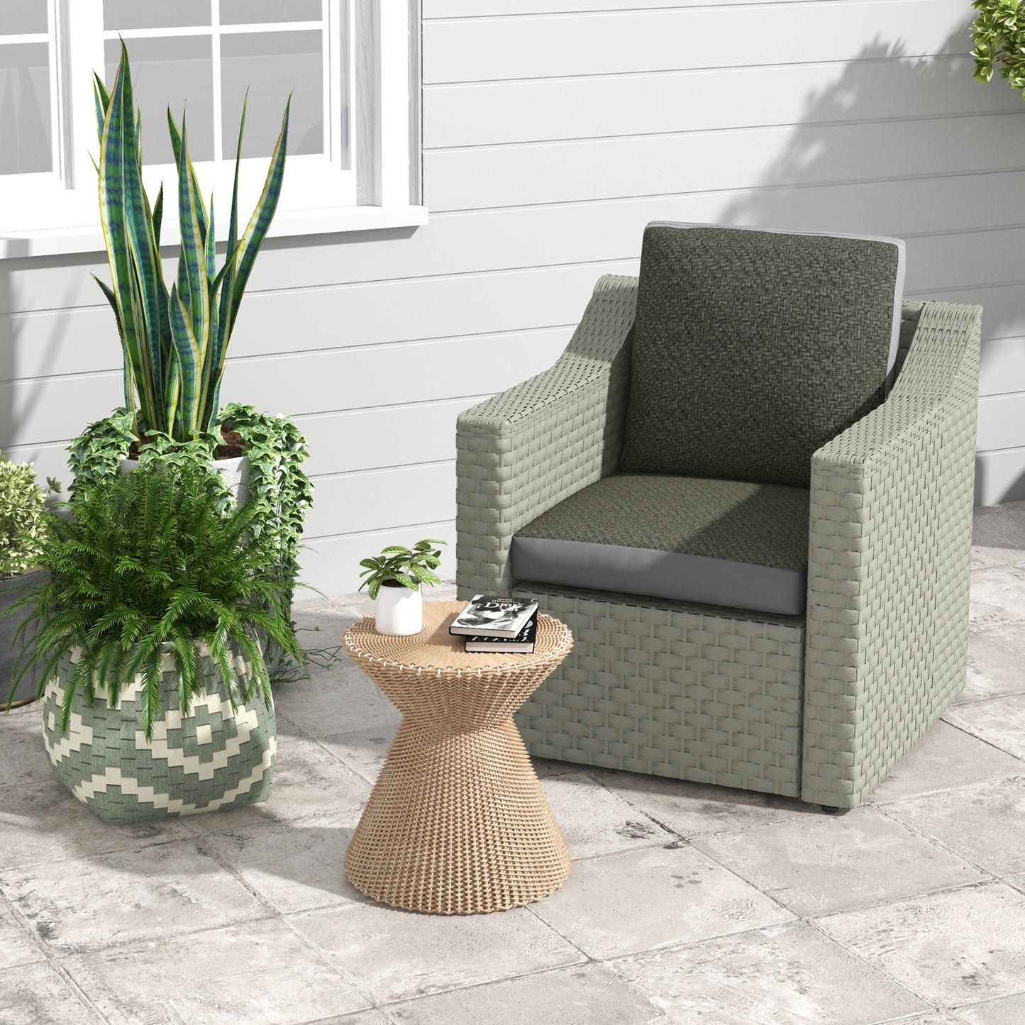 Set of 2 Outdoor Seat Cushion with Fabric and PE Rattan Cover, Grey