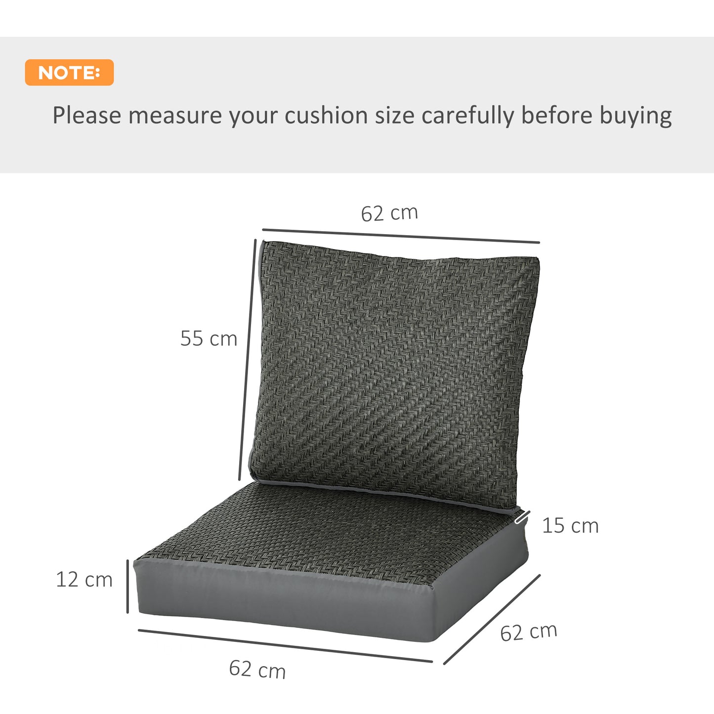 Set of 2 Outdoor Seat Cushion with Fabric and PE Rattan Cover, Grey