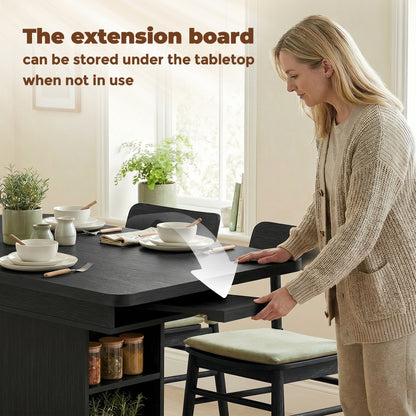 Extendable Dining Table for 4-6 People, 110-130cm Kitchen Table with 6 Open Shelves, Storage Compartment for Home, Living Room, Small Spaces, Black