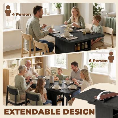 Extendable Dining Table for 4-6 People, 110-130cm Kitchen Table with 6 Open Shelves, Storage Compartment for Home, Living Room, Small Spaces, Black