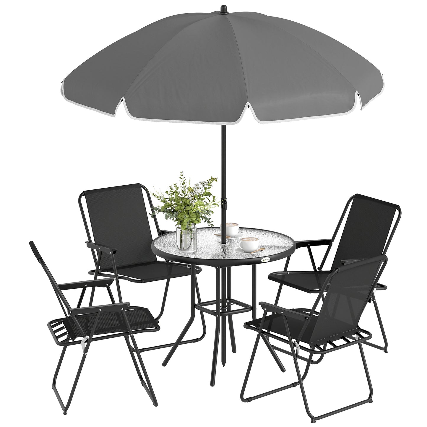 6 Pieces Garden Furniture Set with Parasol, Folding Chairs, Black