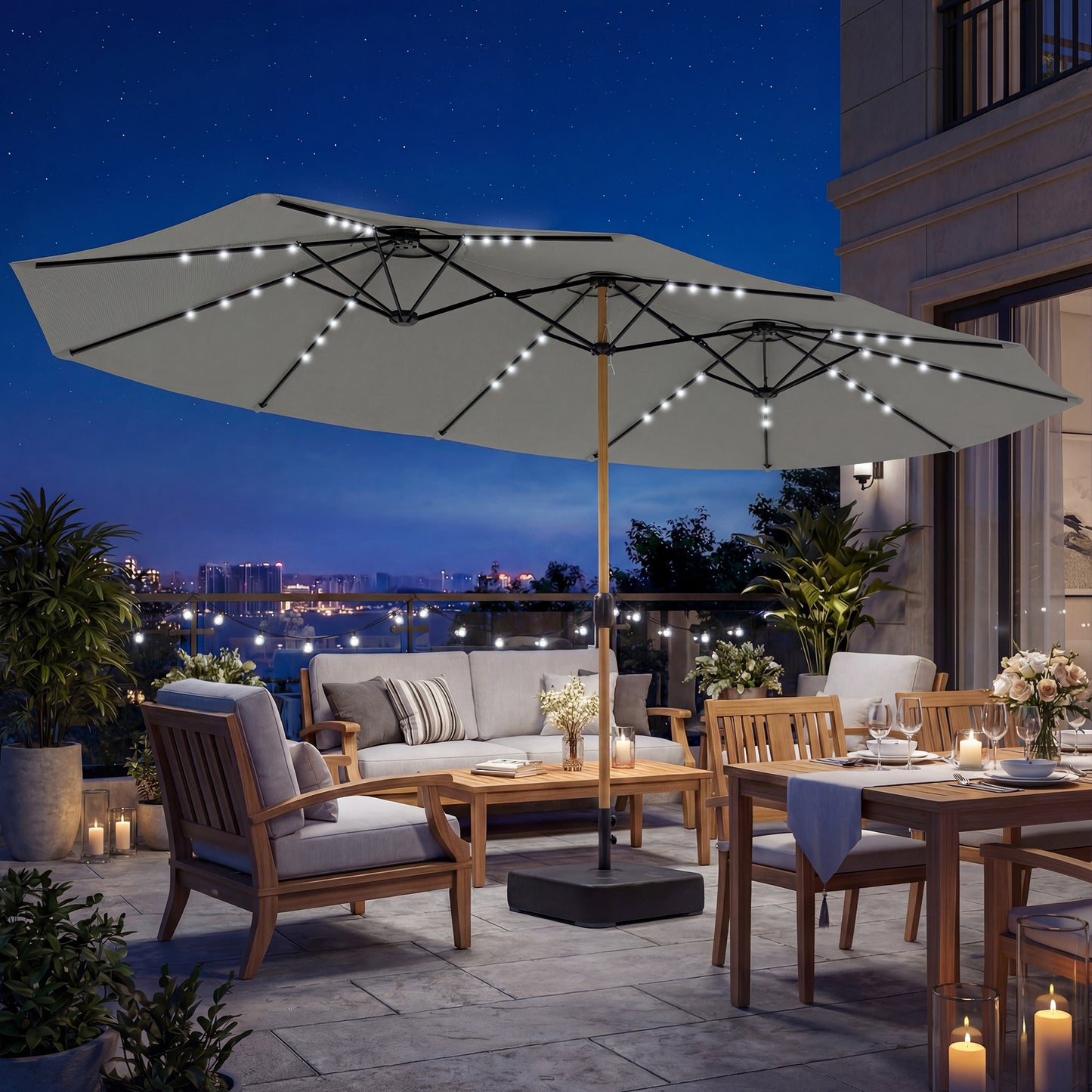 Double Sided Garden Parasol w/ 48 Solar LED Lights 4.6m Light Grey