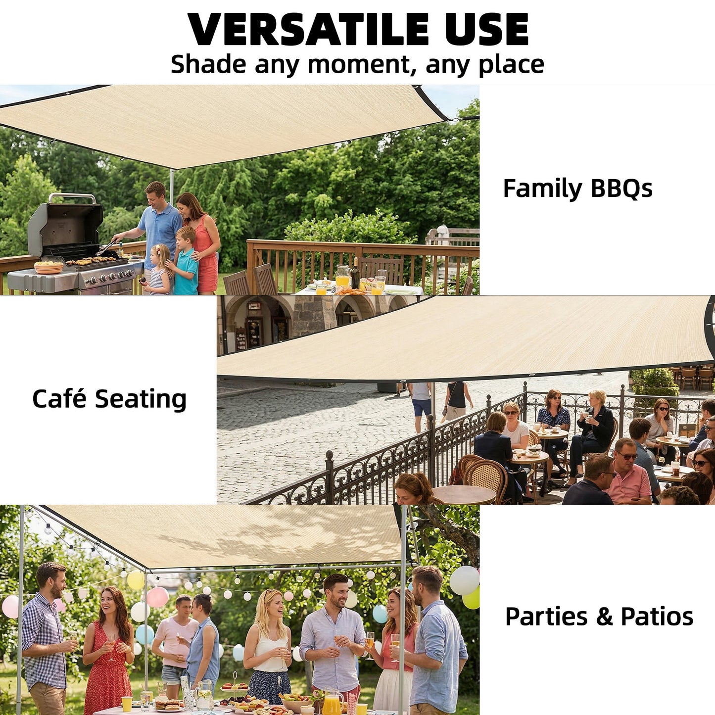 Sun Shade Sail, 3 x 3.6 m Rectangle Sunscreen Awning Canopy with Stainless Steel Eyelets and Bungee Cords, UV Protection Shade Sail  for Outdoors, Garden, Patio, Beige