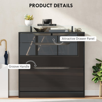 Shoe Cabinet with 3 Drawers, High Gloss Front Panels, Glass Top Black