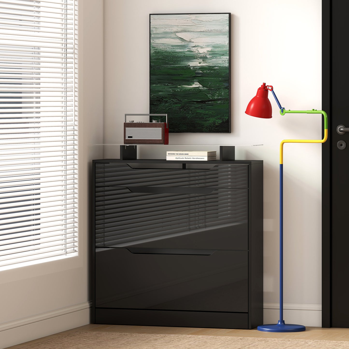 Shoe Cabinet with 3 Drawers, High Gloss Front Panels, Glass Top Black