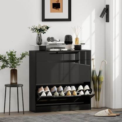Shoe Cabinet with 3 Drawers, High Gloss Front Panels, Glass Top Black
