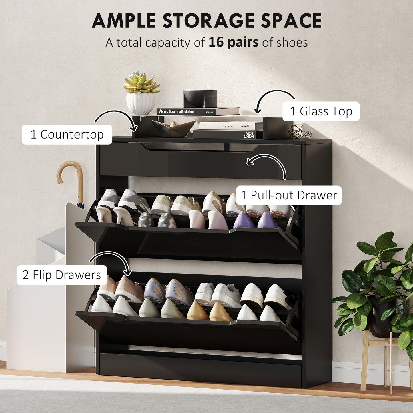 Shoe Cabinet with 3 Drawers, High Gloss Front Panels, Glass Top Black