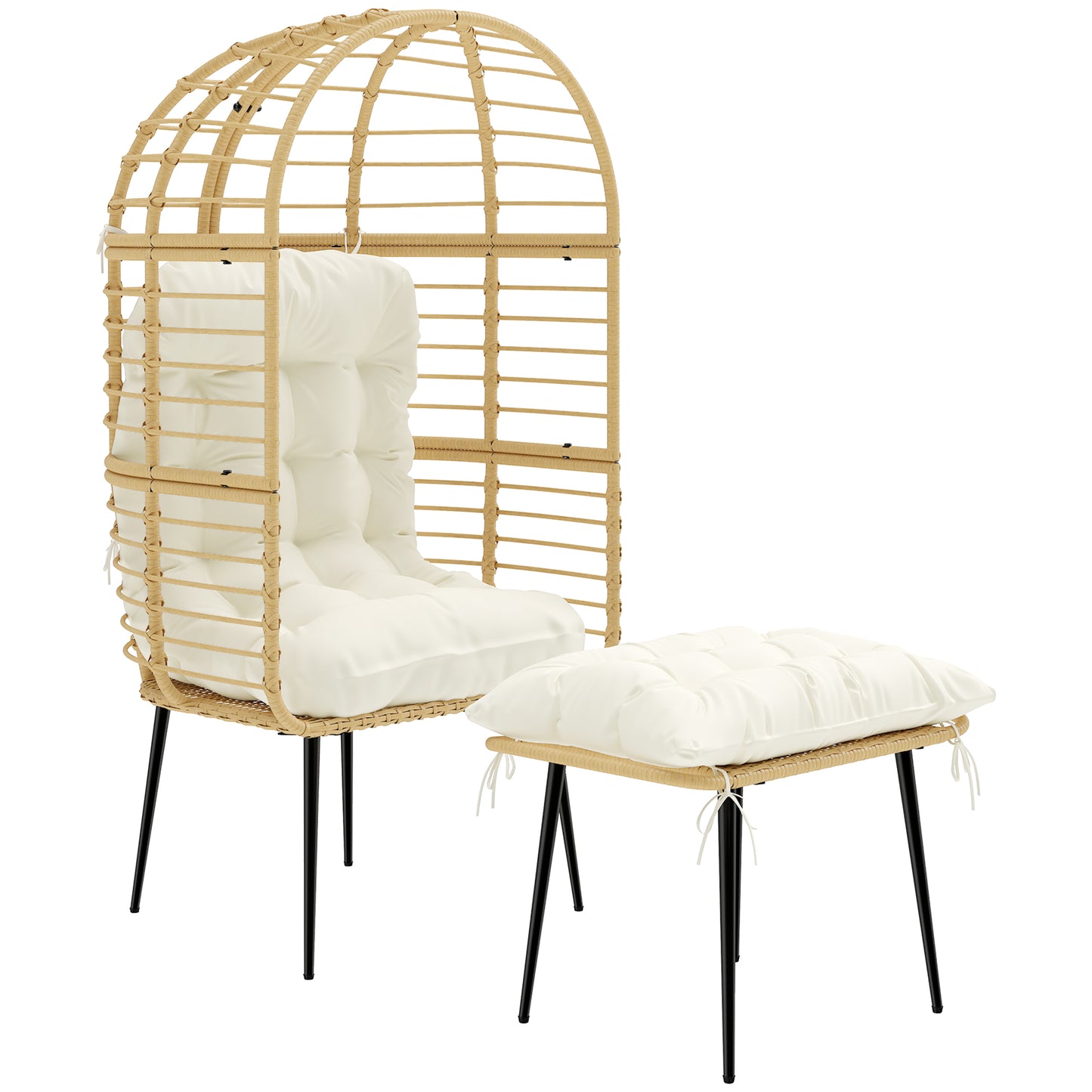 Standing Garden Egg Chair with Footstool, PE Rattan Outdoor Lounge Chair and Ottoman Set with Thick Cushions, Indoor Outdoor Egg Basket Seating for Patio Balcony Porch, Beige