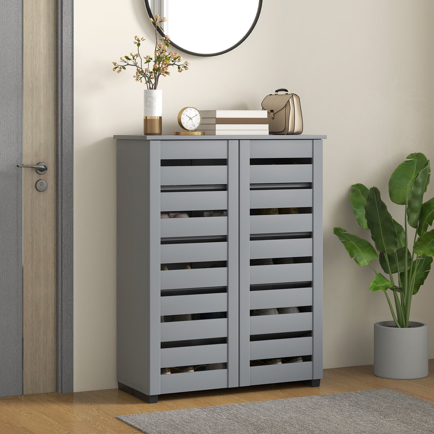 Shoe Storage Cabinet with Slatted Doors for 15 Pairs of Shoes Grey