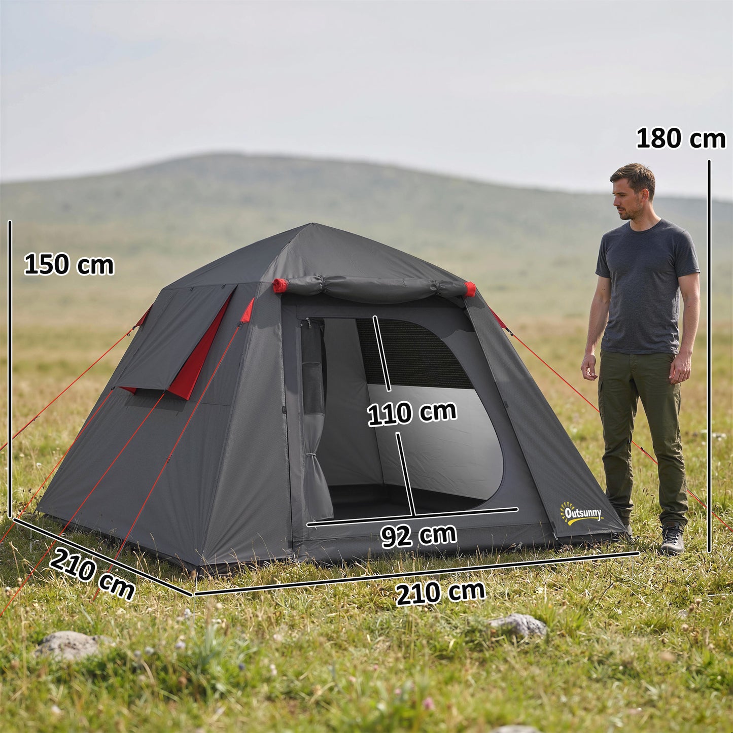 Camping Tent, 2 Man Dome Tent with 2 Doors and 2 Windows, 3000mm Waterproof, with Sewn-in Groundsheet, Carry Bag and Top Hook for Fishing Hiking Festival, Dark Grey & Red