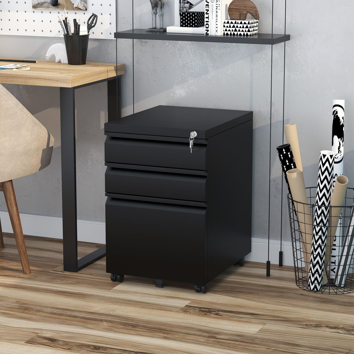3 Drawer Vertical File Cabinet Lockable Metal Filling Cabinet Black