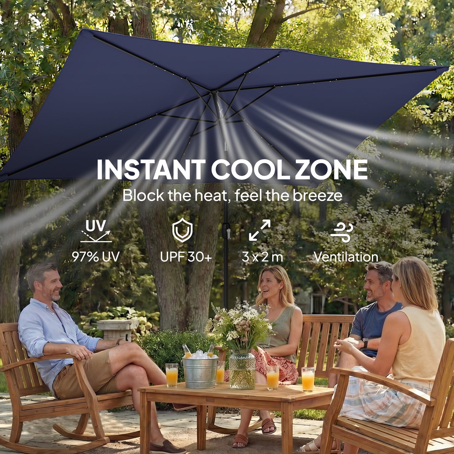 3 x 2 m Garden Parasol Umbrella with Light, Outdoor Patio Umbrella