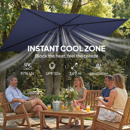 3 x 2 m Garden Parasol Umbrella with Light, Outdoor Patio Umbrella