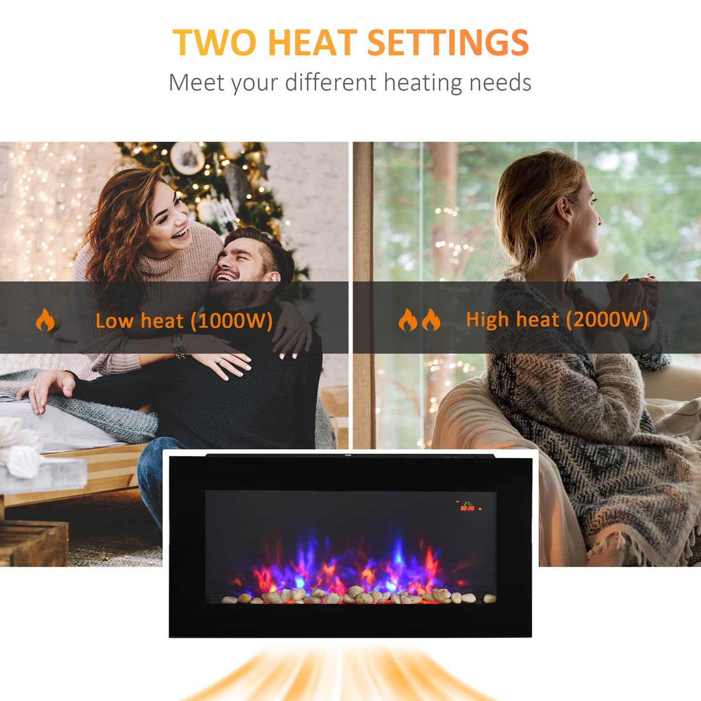 1000W/2000W LED Electric Fireplace Automatic Function Remote Timer Safe