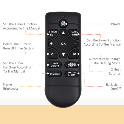 1000W/2000W LED Electric Fireplace Automatic Function Remote Timer Safe