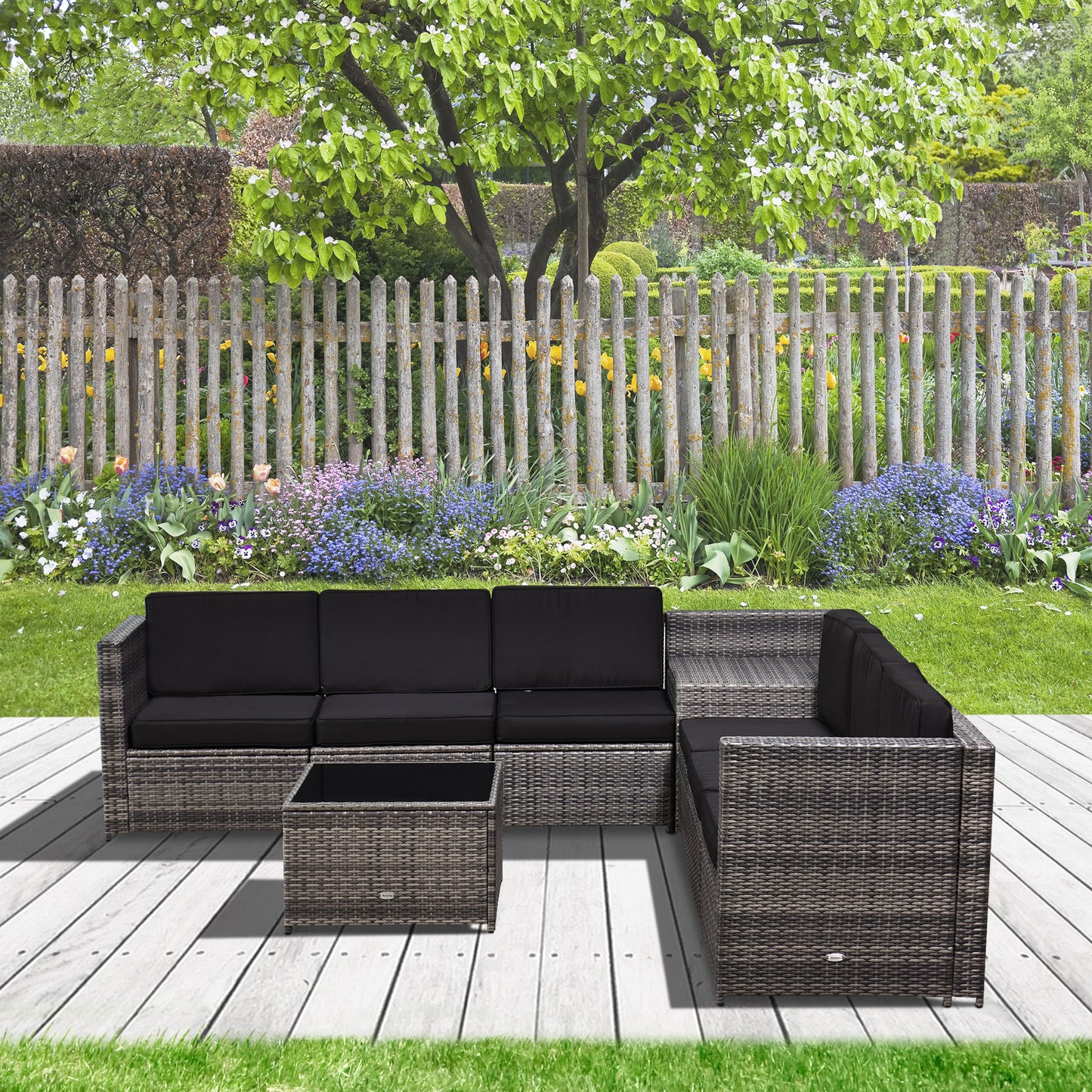 Outsunny 8 pcs Outdoor Rattan Garden Furniture Patio Sofa and Table Set with Cushions 6 Seater Corner Wicker Seat with Storage, Grey